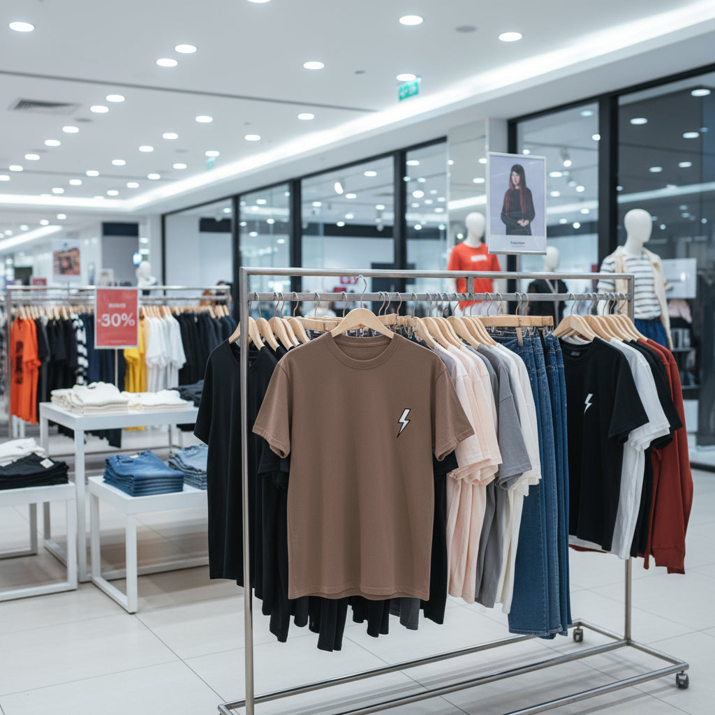Clothing rack with various shirts in a store setting