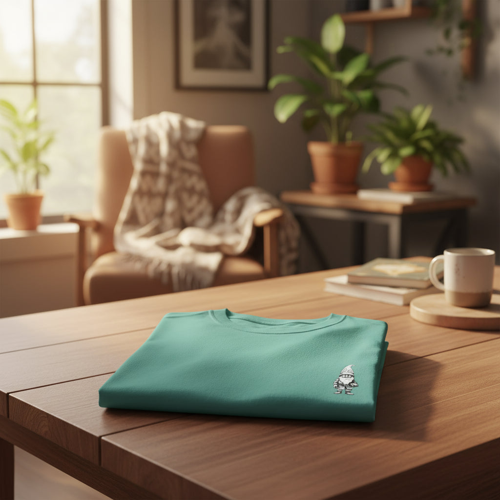 Folded teal shirt on a wooden table with a cozy room background