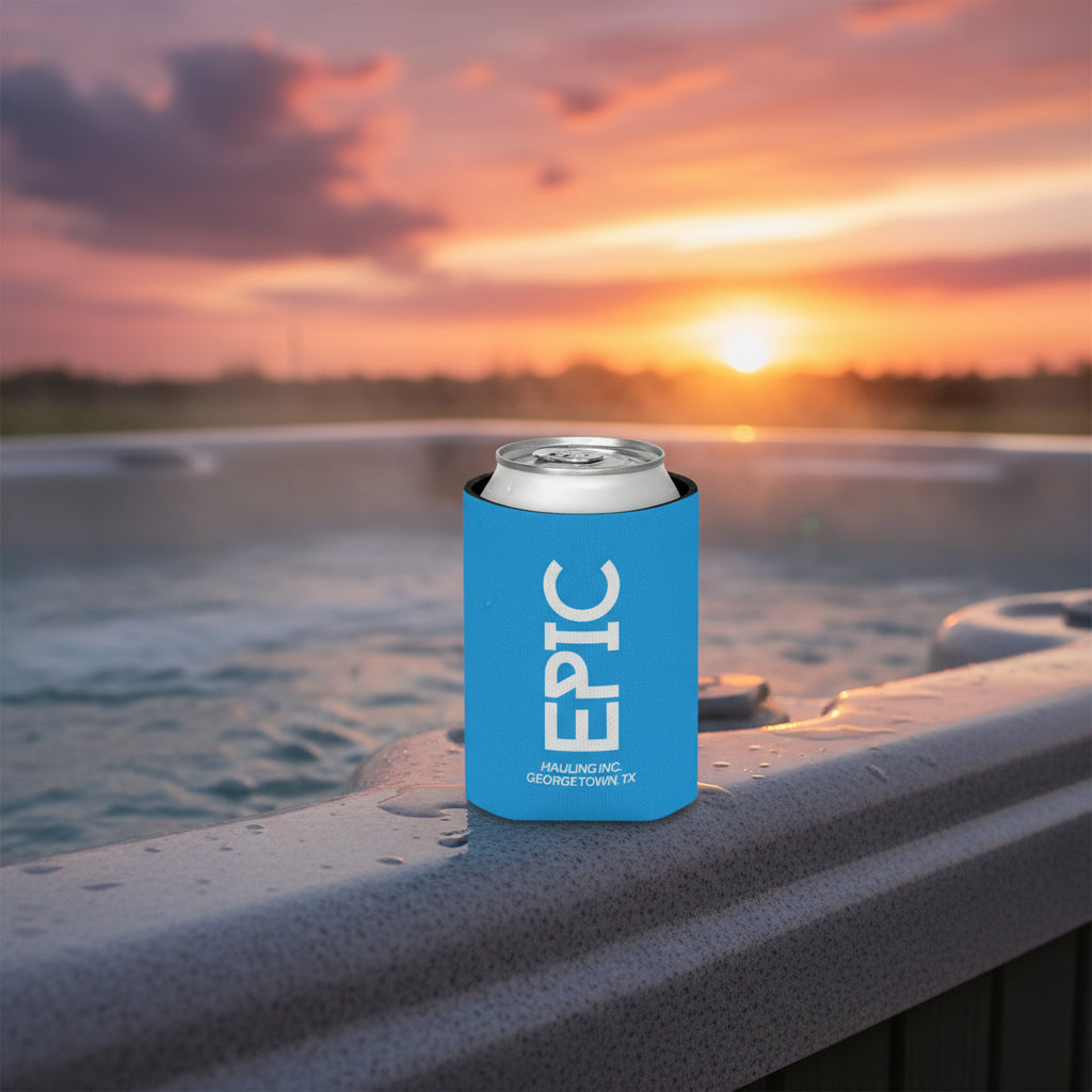 Blue can cooler with 'EPIC' branding by a pool at sunset