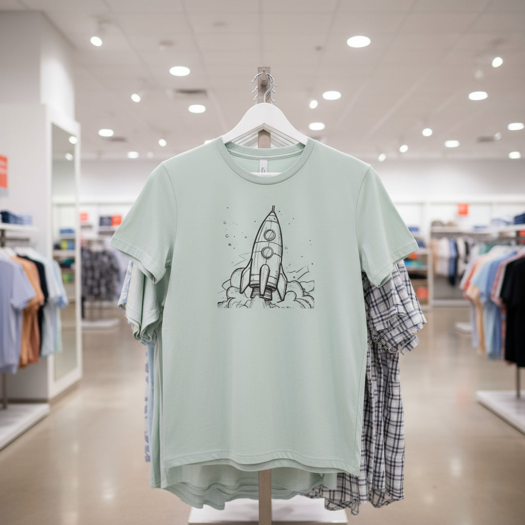 Light blue t-shirt with a black rocket graphic on a white background