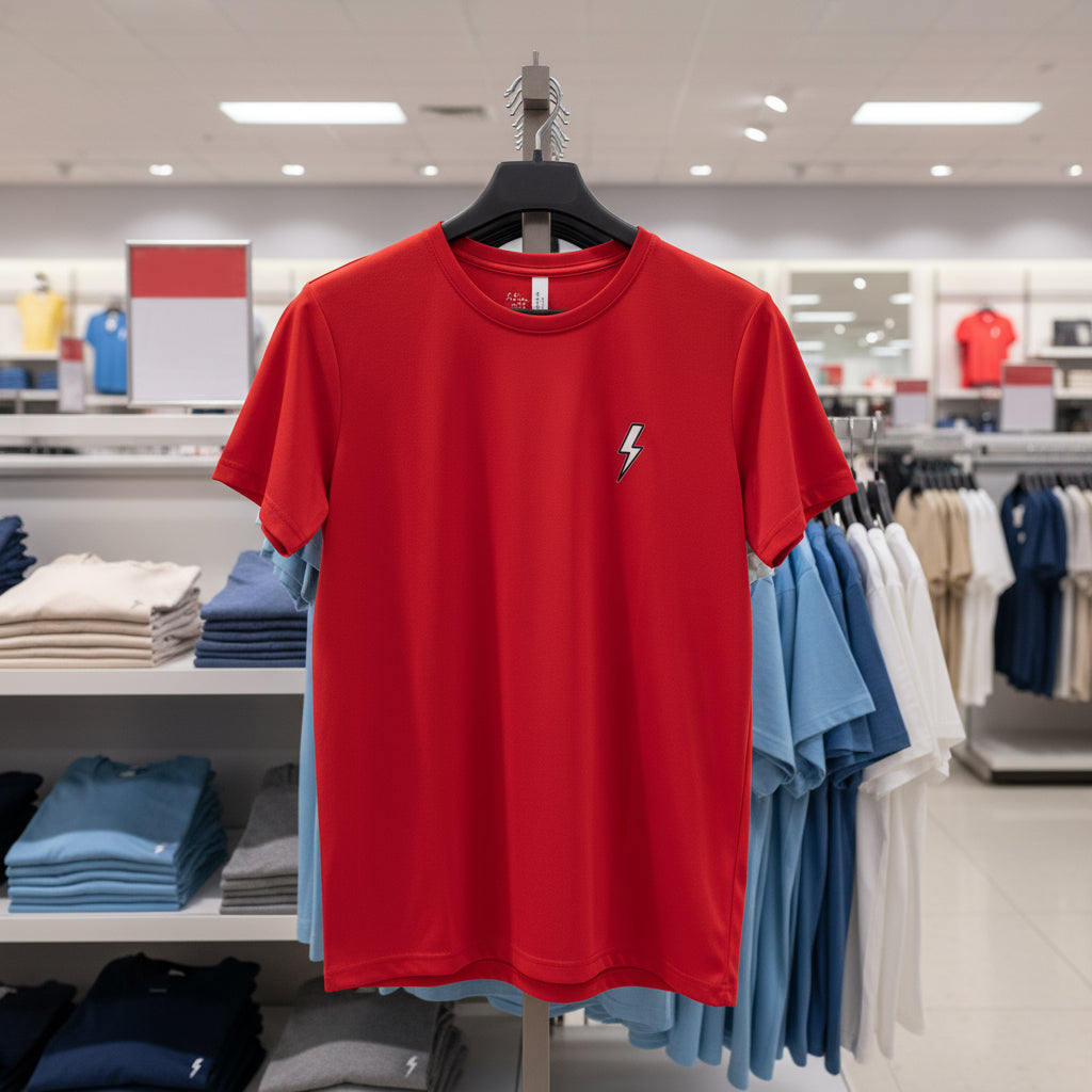 Red t-shirt with a logo on a hanger in a store setting