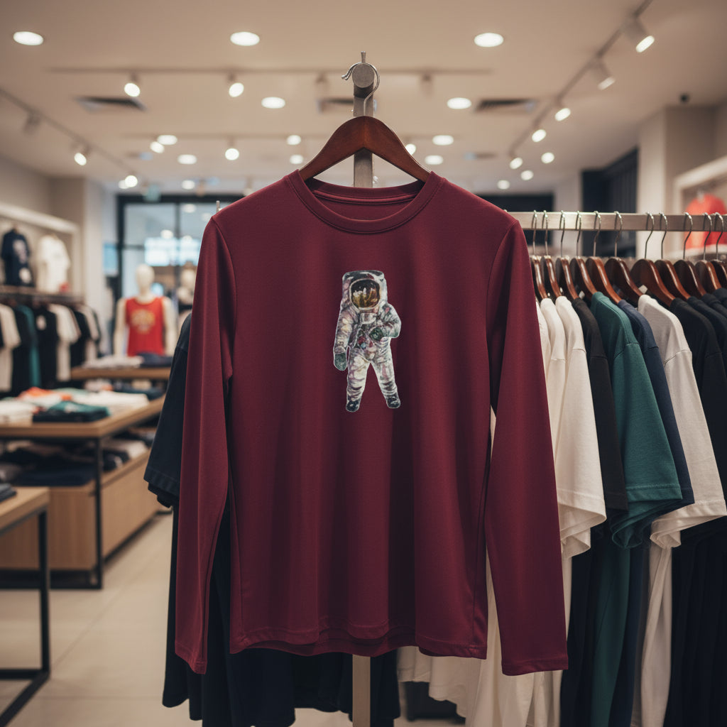 Maroon sweatshirt with astronaut graphic on a hanger in a store setting