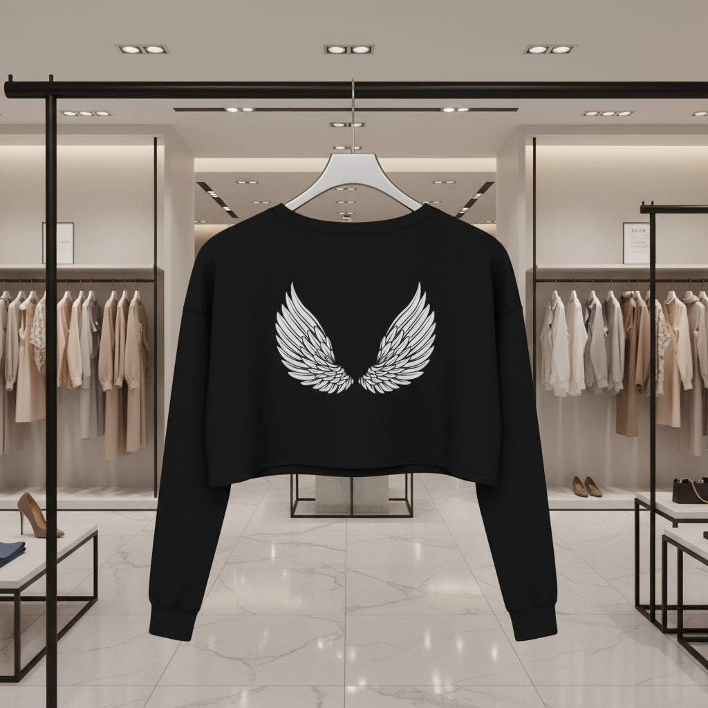 Black sweatshirt with white wings on a hanger in a clothing store.