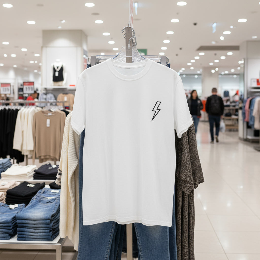 White t-shirt with a black lightning bolt design on a white background