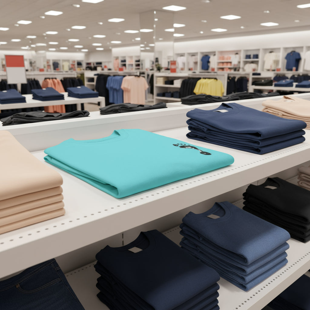 Stacks of folded clothing on a display shelf in a store