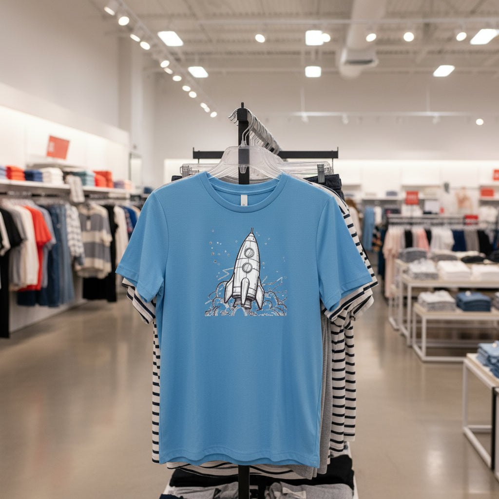Blue t-shirt with a rocket design on a hanger in a store