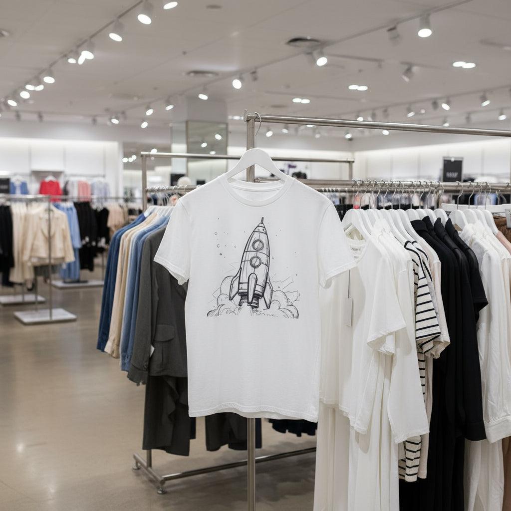 White t-shirt with a black rocket ship graphic on a white background
