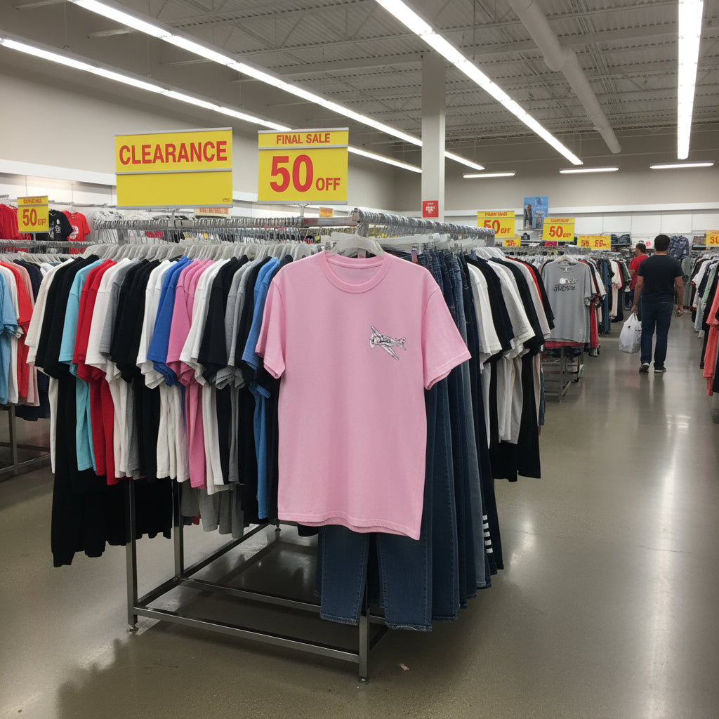 Clothing rack with pink t-shirt in a retail store with clearance signs.