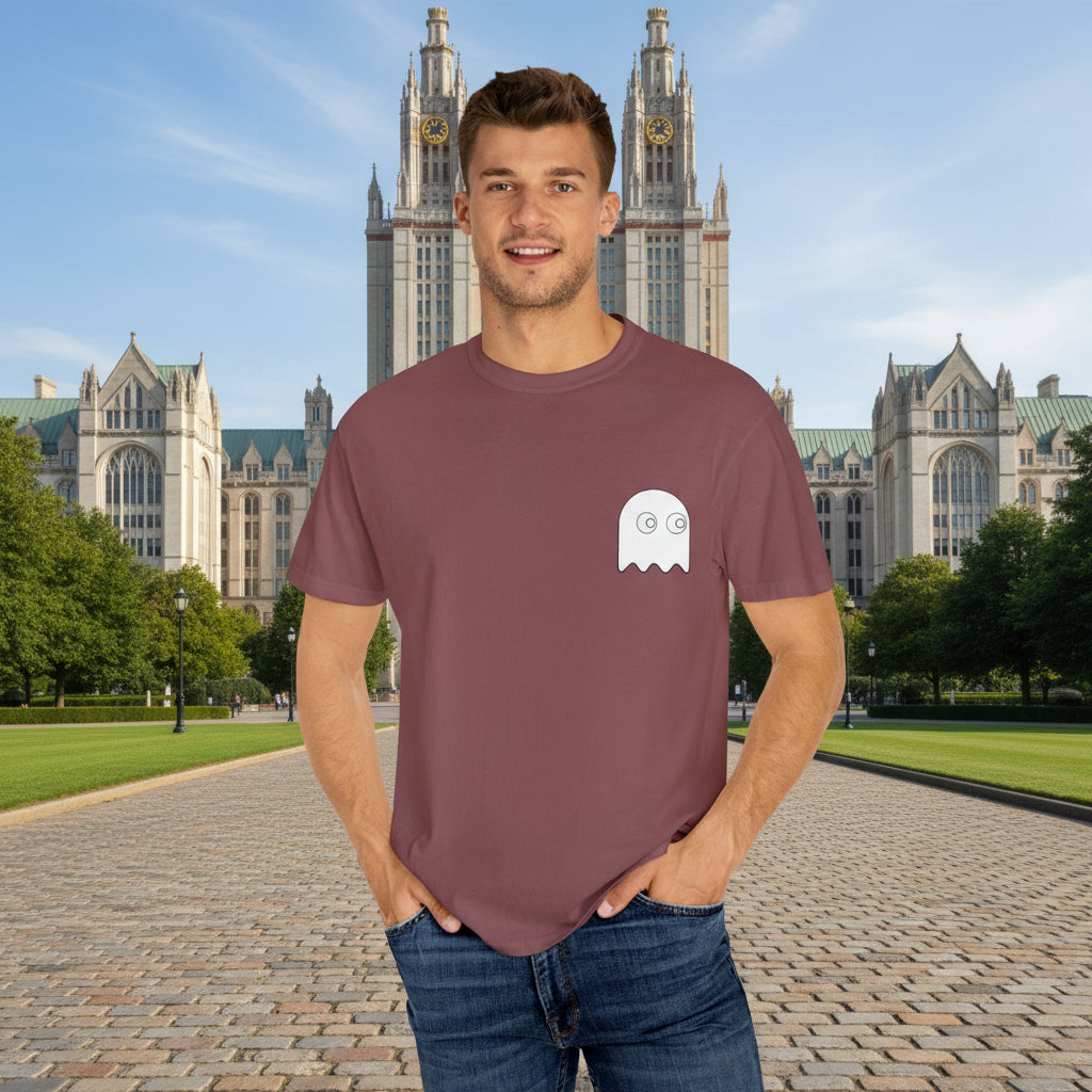 Man wearing a maroon t-shirt with a white ghost graphic on a white background