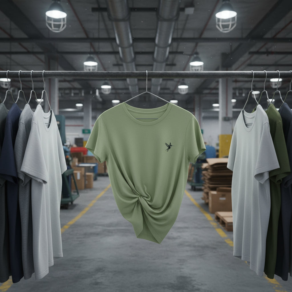 Green t-shirt with a logo hanging on a rack in an industrial setting