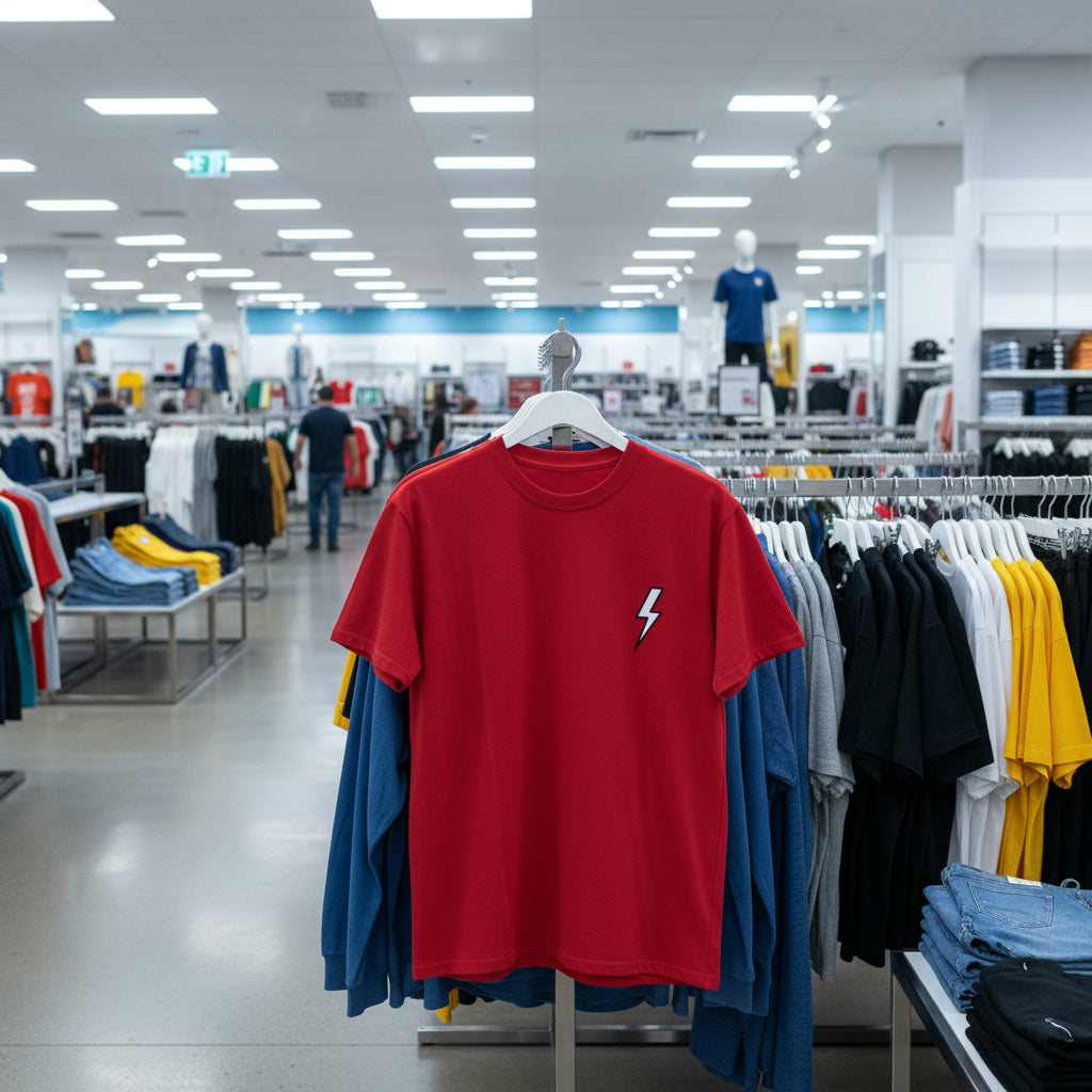 Red t-shirt with a lightning bolt design on a hanger in a clothing store.