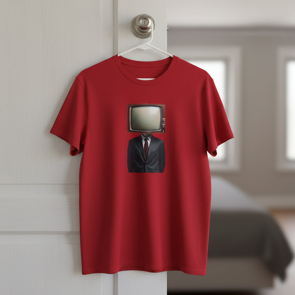 Red t-shirt with a graphic of a television set with a face wearing a suit on a white background