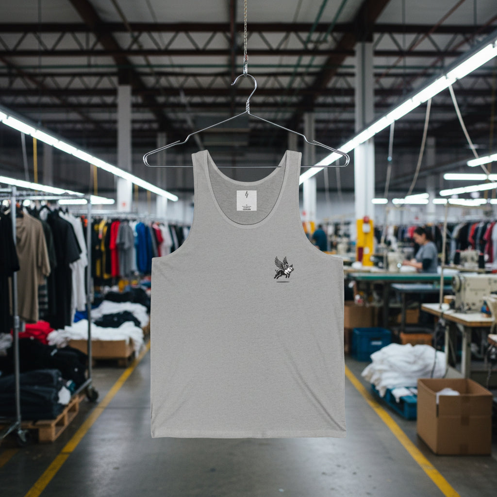 Gray tank top with a small logo on a white background