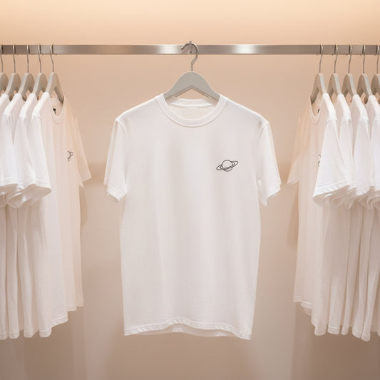 White t-shirt with a small logo on a rack with other shirts