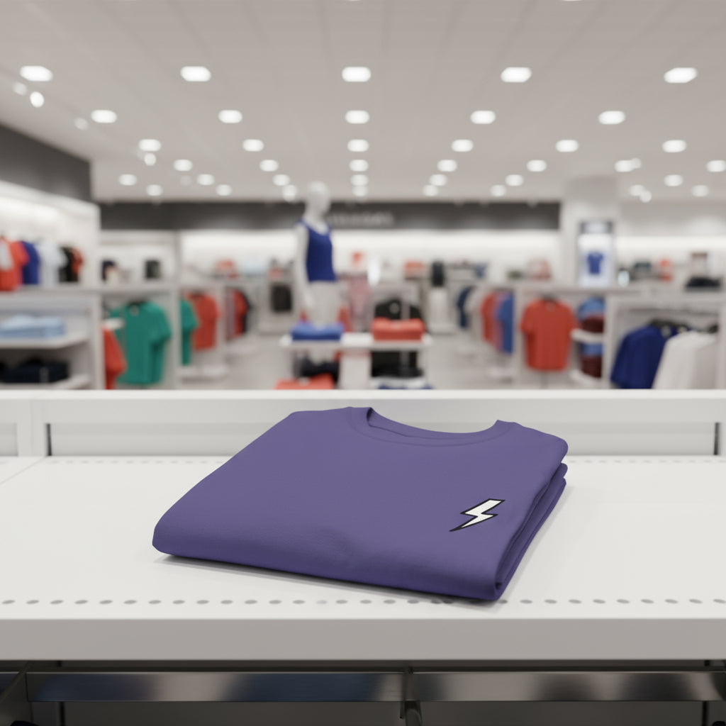 Folded purple t-shirt with a lightning bolt design on a table in a store setting.
