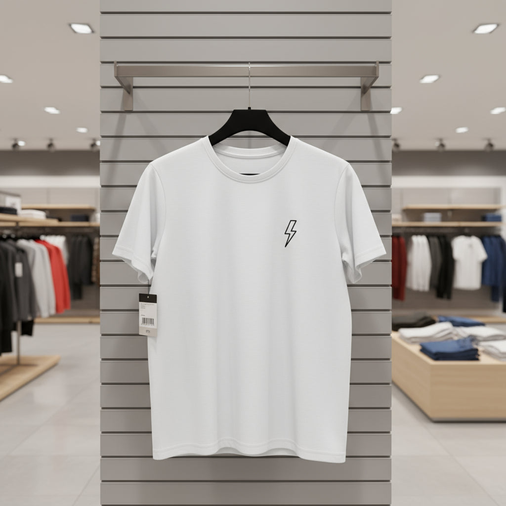 White t-shirt with a black logo on a hanger in a clothing store.