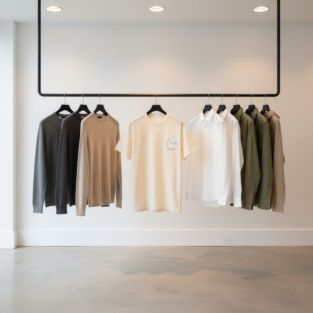Row of hanging shirts on a rack against a white wall