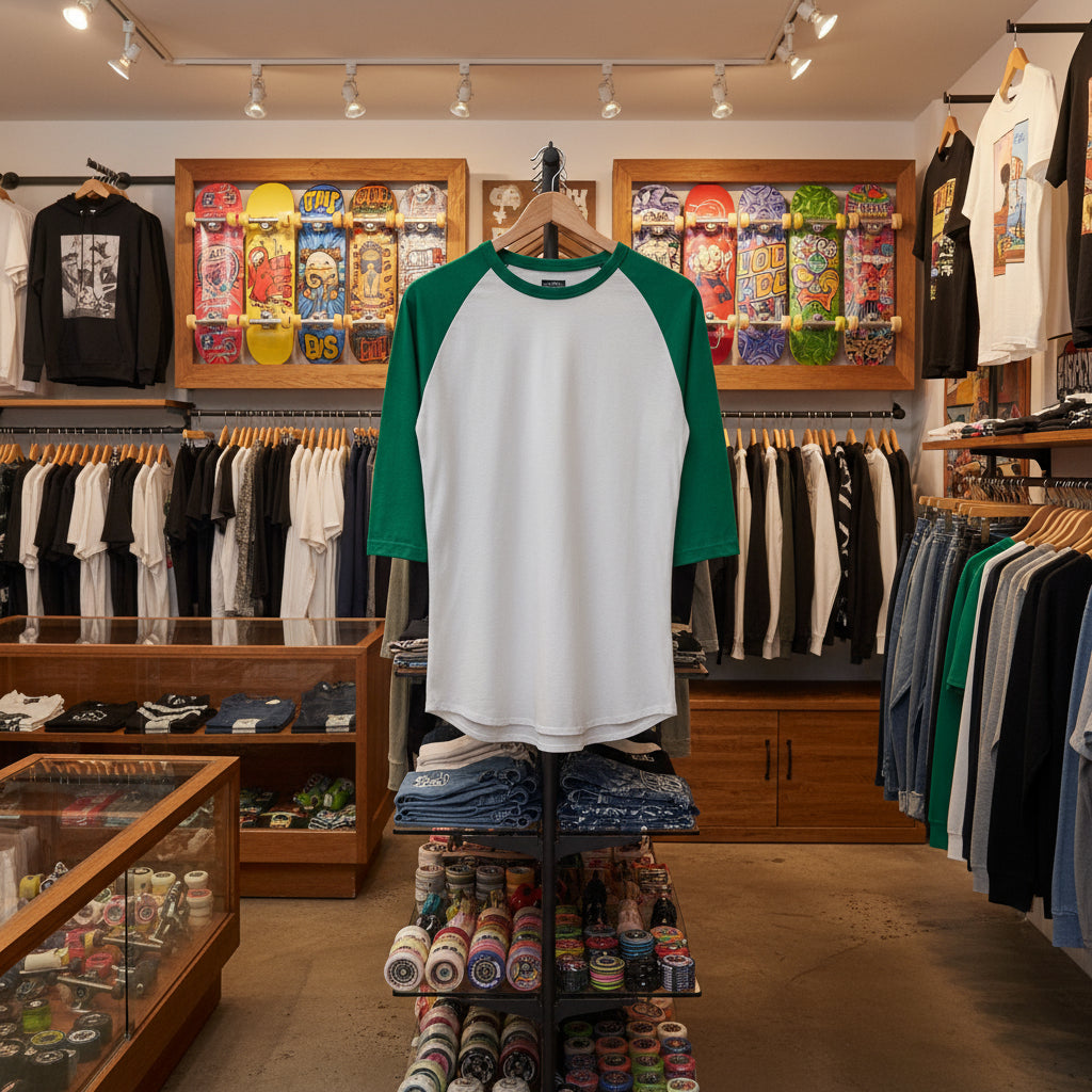 Green and white baseball shirt on a rack with clothing store interior in the background