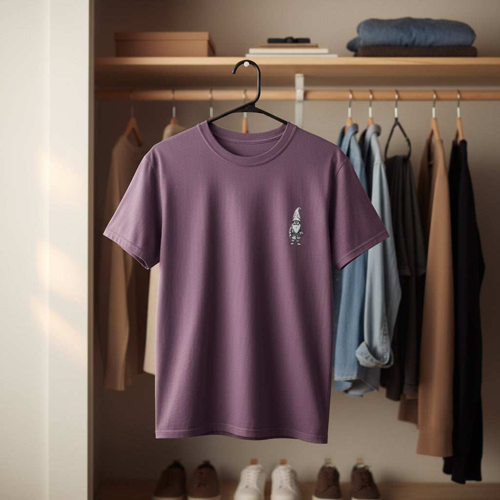 Purple t-shirt with a small graphic on a hanger in front of a wardrobe with various clothes.