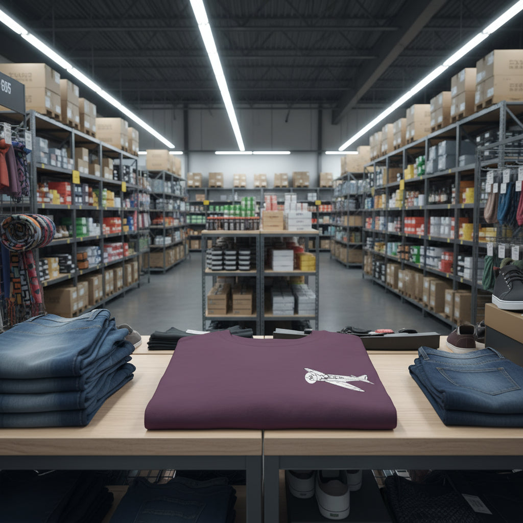 Interior of a warehouse with shelves stocked with products and a table with folded clothes.