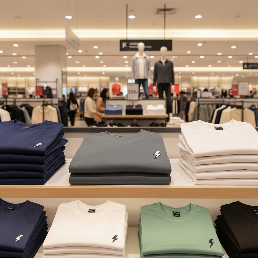 Stacks of folded shirts on a shelf in a store with blurred background