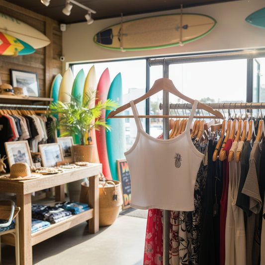 White tank top with a pineapple design on a rack in a clothing store with surfboards and plants in the background.