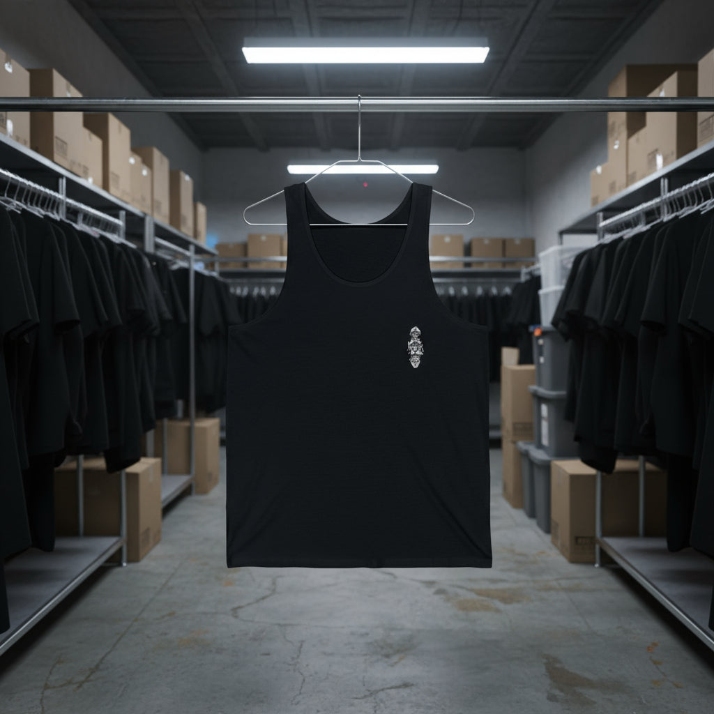 Black tank top hanging in a warehouse setting with shelves and boxes in the background