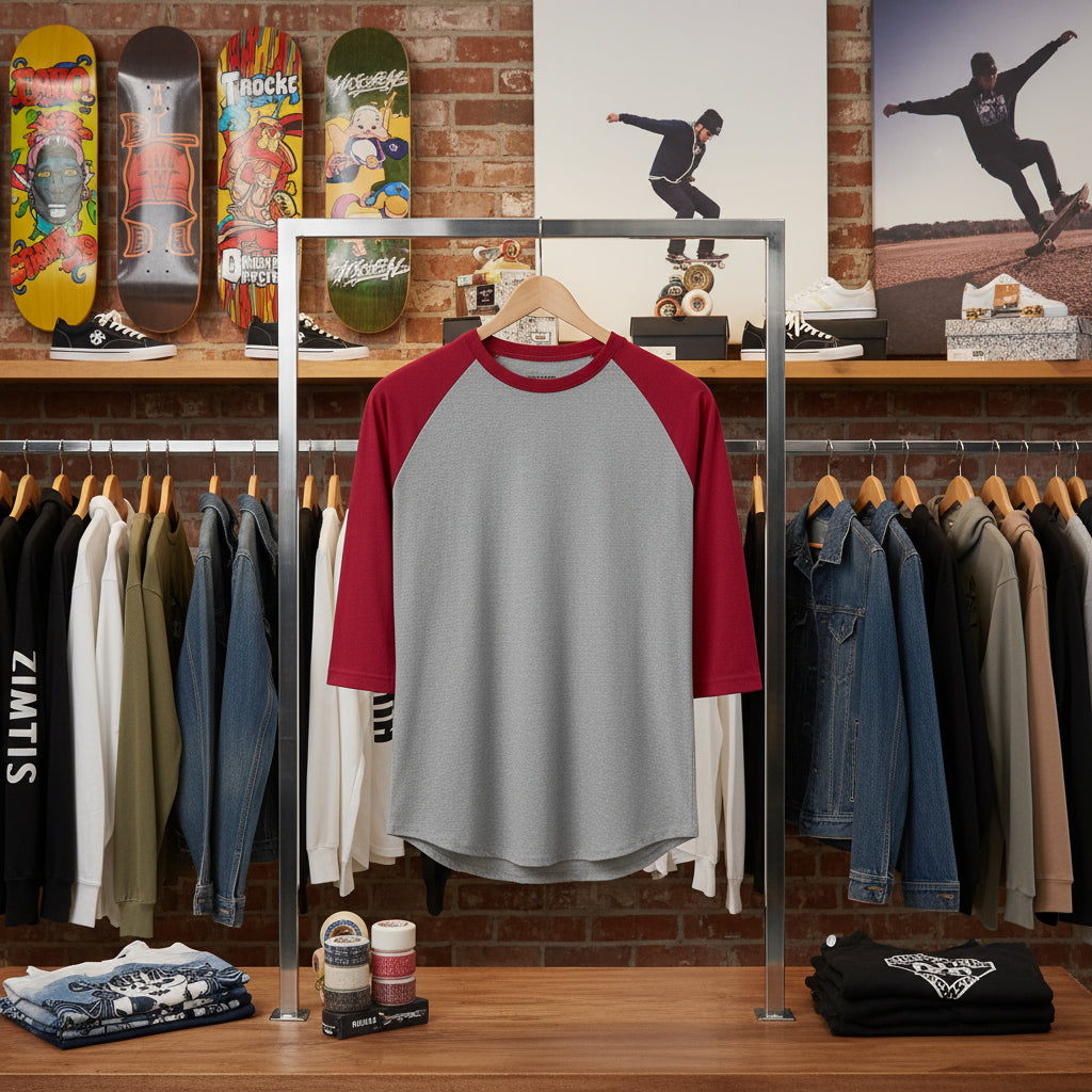 Gray and red baseball shirt on a rack with clothing and skateboards in the background