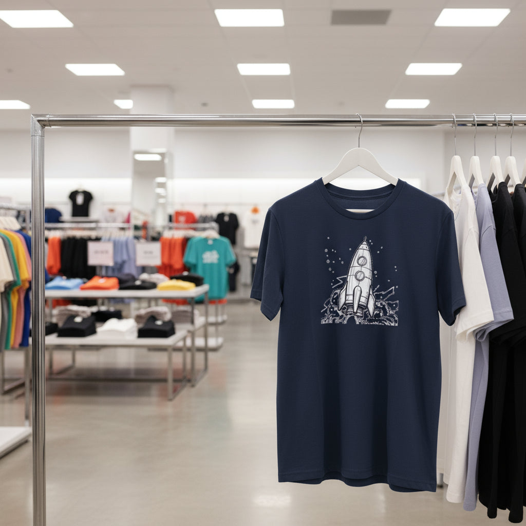 Navy blue t-shirt with rocket design hanging on a rack in a store.