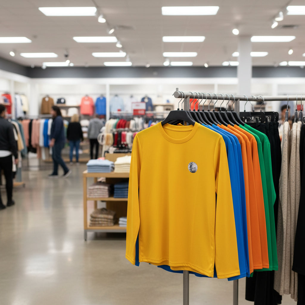 Colorful shirts on a rack in a clothing store with blurred background