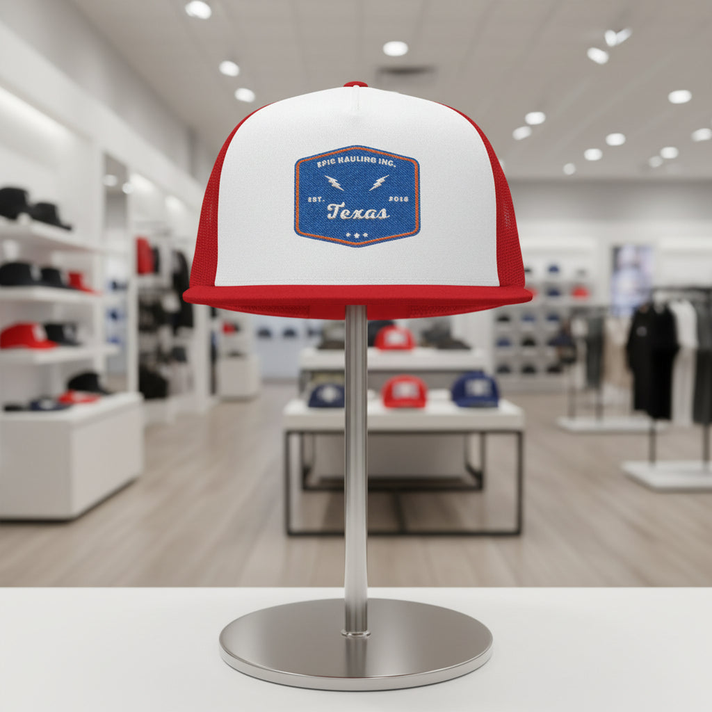 Red and white cap with a Texas logo on a stand in a store setting