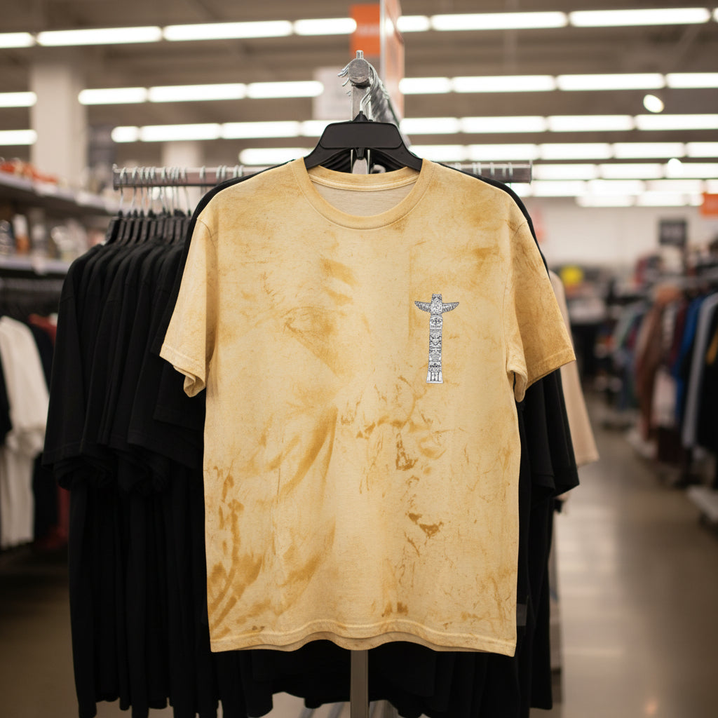Beige t-shirt with a logo on a hanger in a store setting