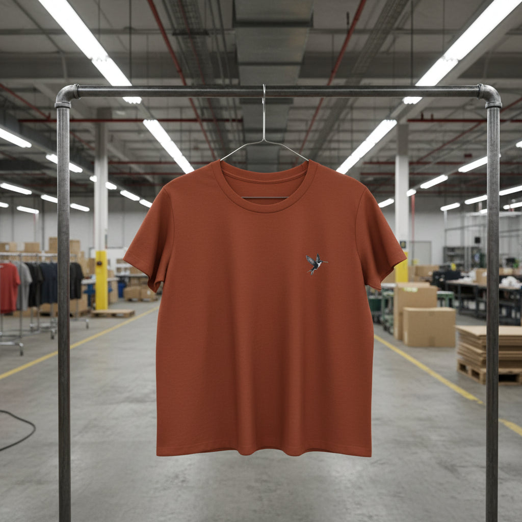 Brown t-shirt with a small graphic on a white background