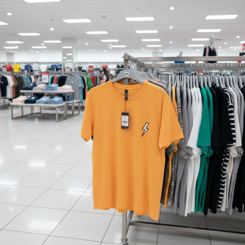 Yellow t-shirt with a lightning bolt design on a hanger in a store.