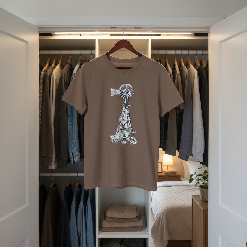 Brown t-shirt with a white windmill graphic on the back against a white background