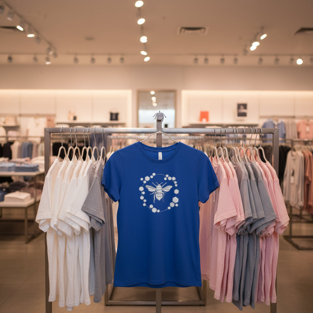 Blue t-shirt with a graphic design on a clothing rack in a store