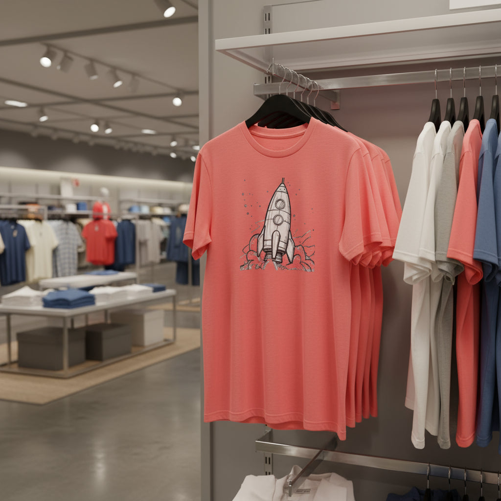 Coral t-shirt with rocket design on a hanger in a store setting