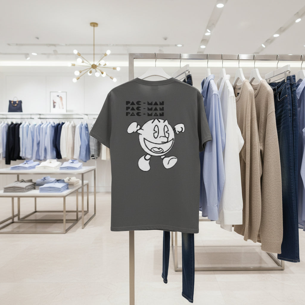 Gray t-shirt with Pac-Man graphic on the back against a white background