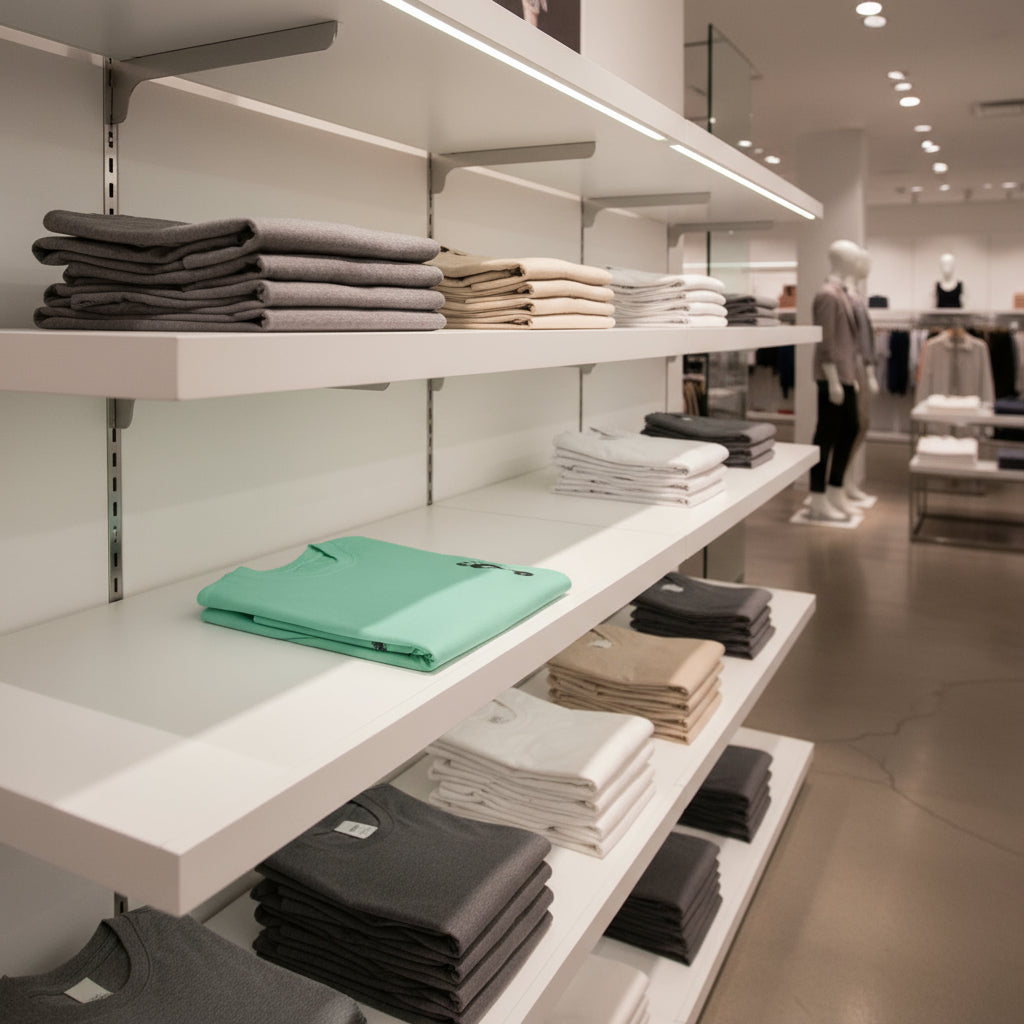 Shelves with folded clothes in a store setting