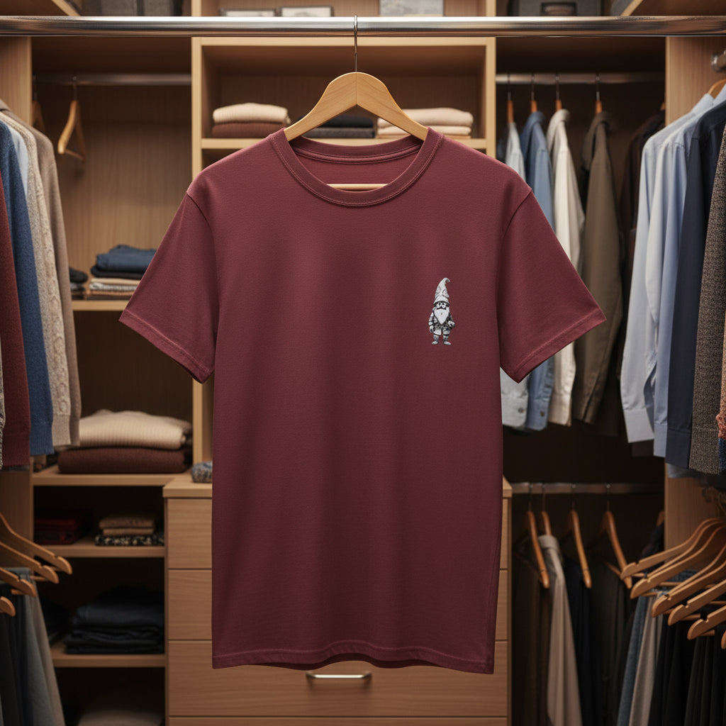 Maroon t-shirt with a small graphic on the chest against a white background