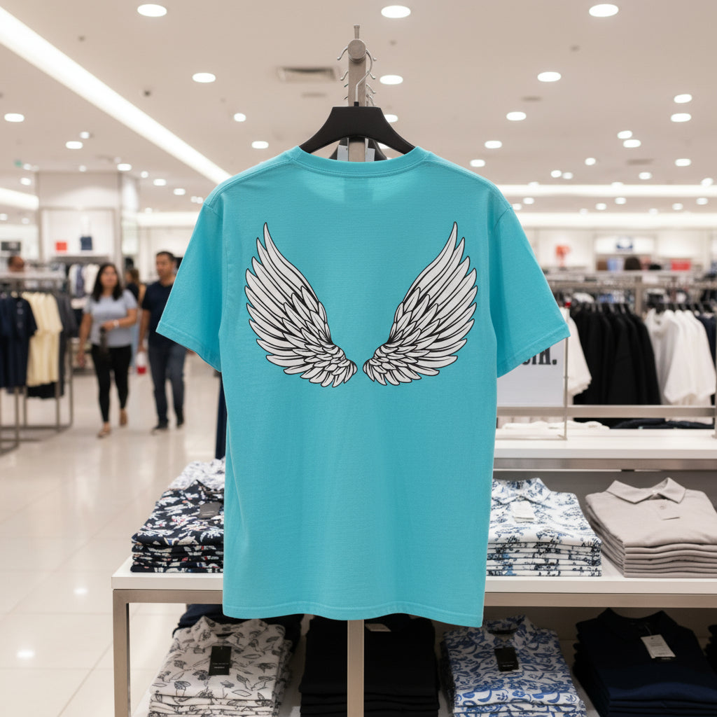 Turquoise t-shirt with wings graphic on a hanger in a store