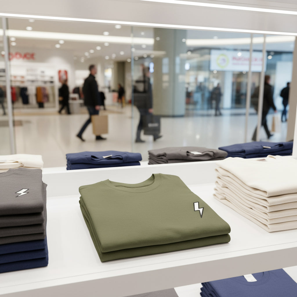 Folded shirts on a table with a blurred store interior background