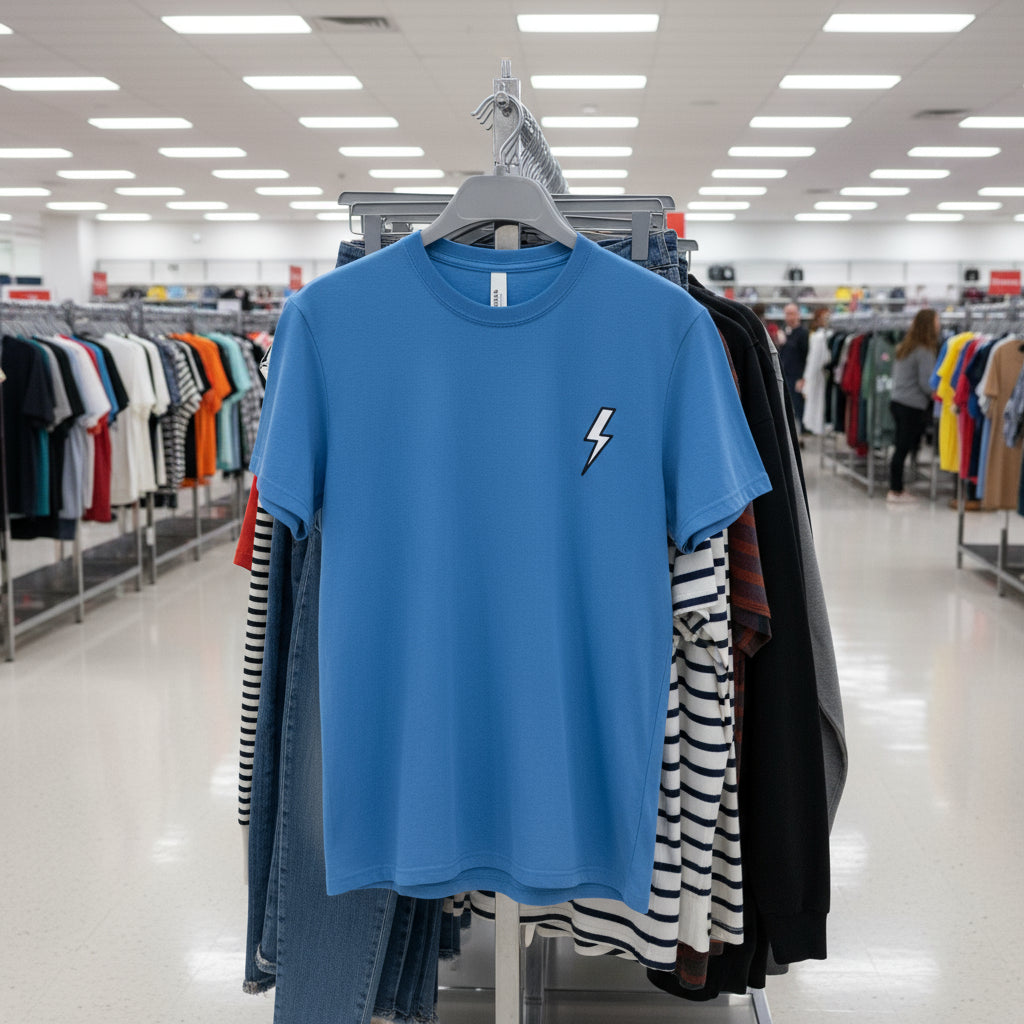 Blue t-shirt with a lightning bolt design on a hanger in a store setting