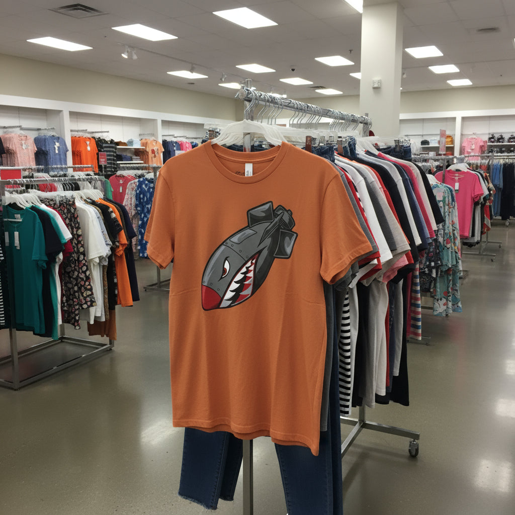 Orange t-shirt with a graphic design on display in a store