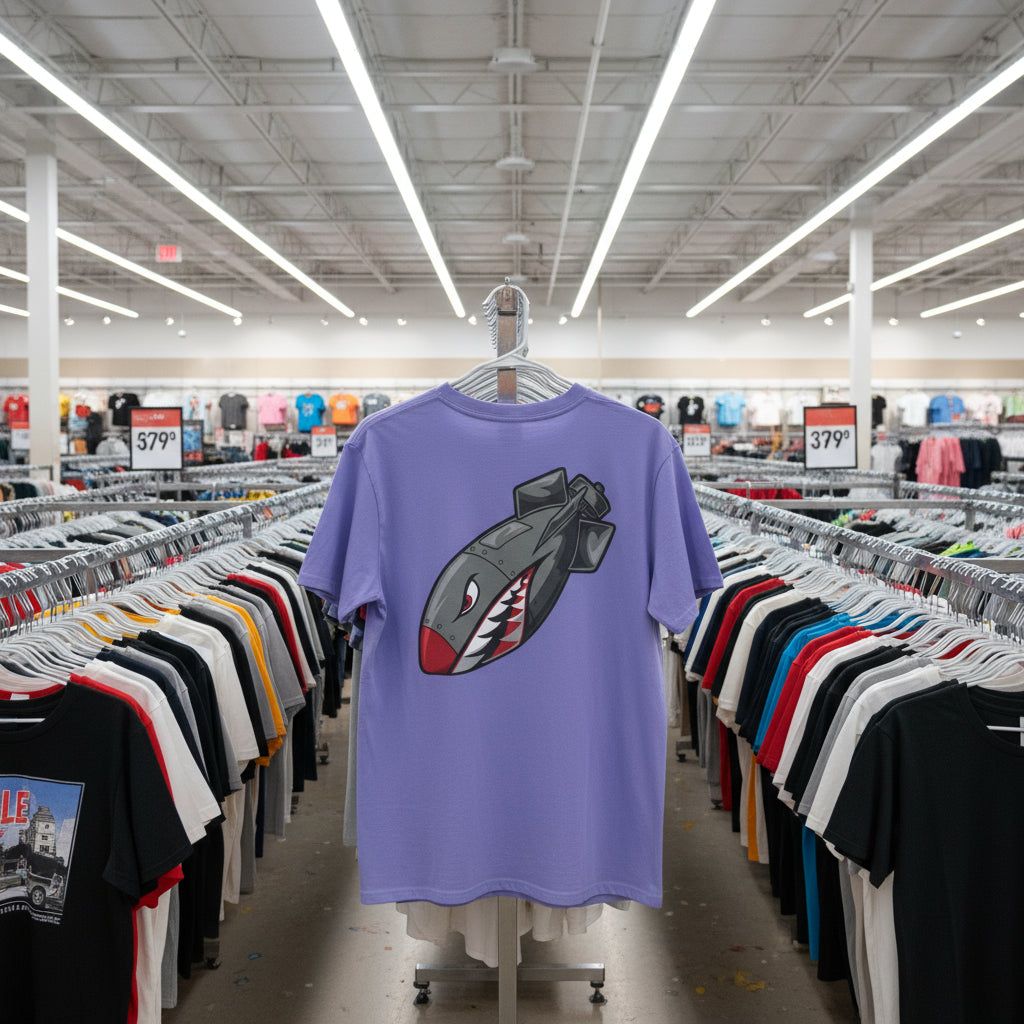 Purple t-shirt with a graphic design in a retail store