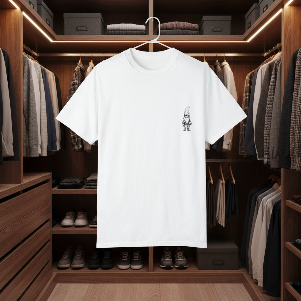 White t-shirt with a small graphic on a hanger in a wardrobe setting