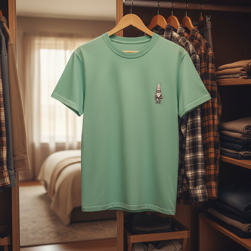 Green t-shirt with a small graphic on a hanger in a bedroom setting