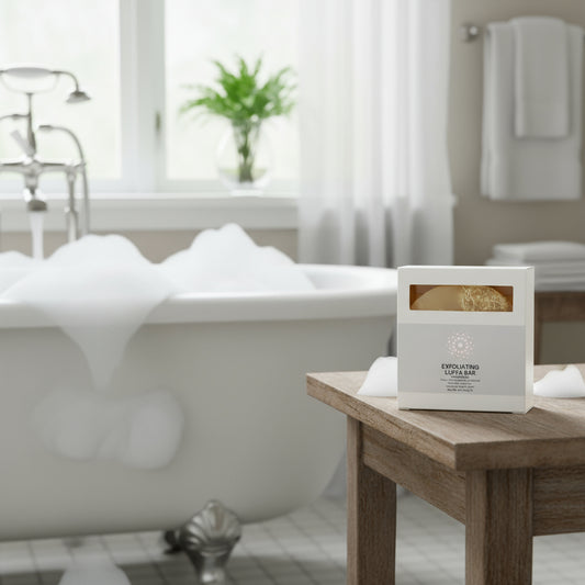 Exfoliating Luffa Bar packaged in a white box with a transparent window revealing the beige luffa bar inside.