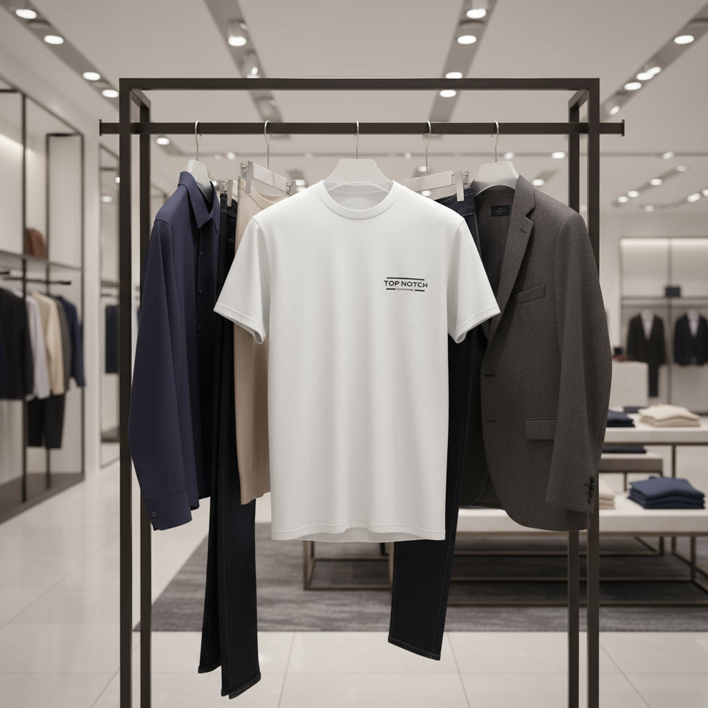 White t-shirt with 'Top Notch' logo on a clothing rack in a store.
