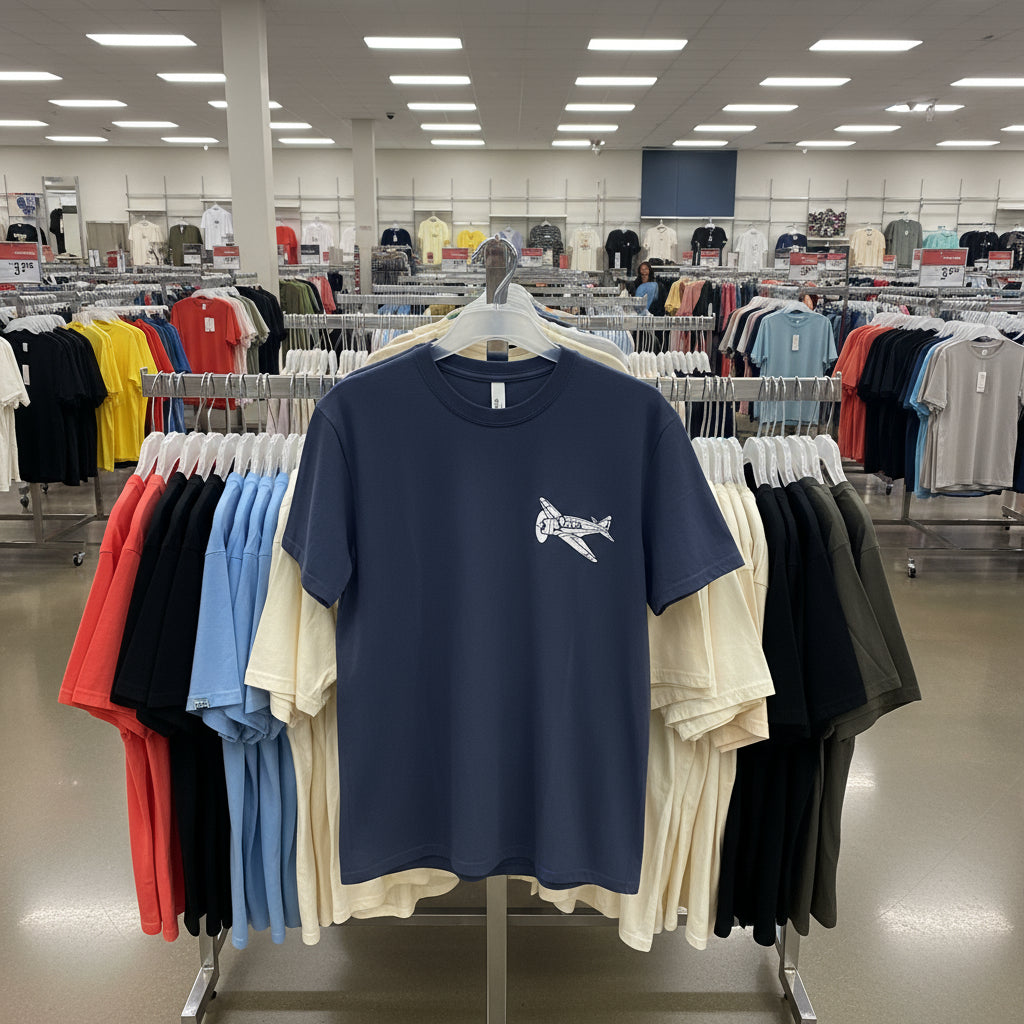Navy blue t-shirt with a graphic design on a hanger in a store setting with other clothing items.